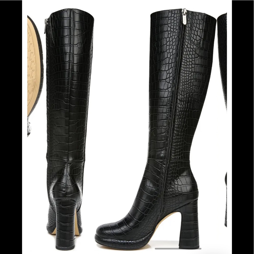 Sam Edelman Black Croc-Embossed Knee-High Heeled Boots - Picture 4 of 9